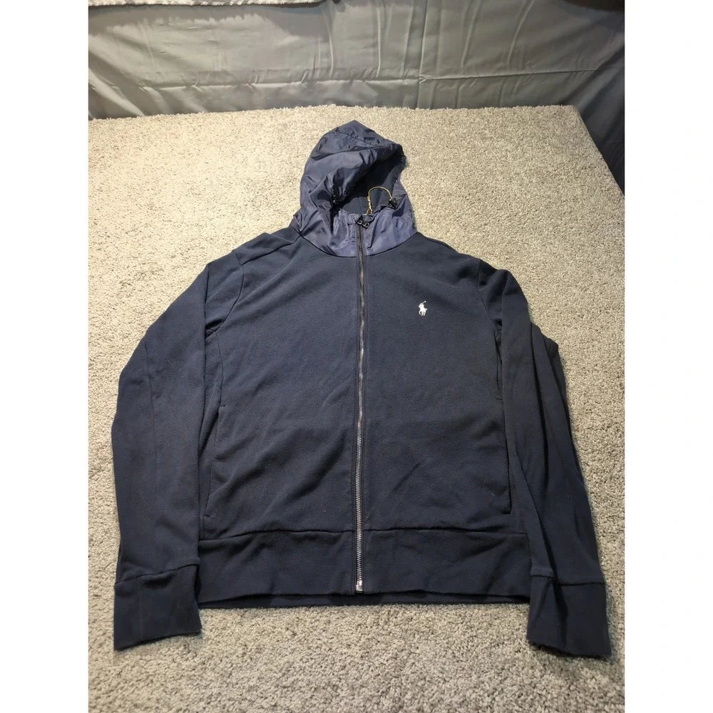 Polo Ralph Lauren Mens Navy Blue Full Zip Mixed Media‎ Nylon Hood Hoodie Large